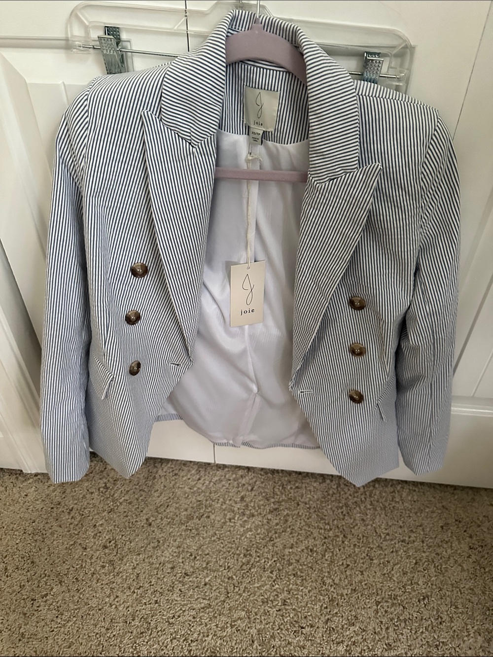 Joie Light Blue and White Pinstripe Double-Breasted Blazer